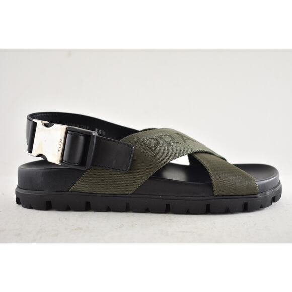Prada Montana Nastro Criss Cross Strap Buckle Green Black Logo Flat Sandal 35.5 - Picture 2 of 16